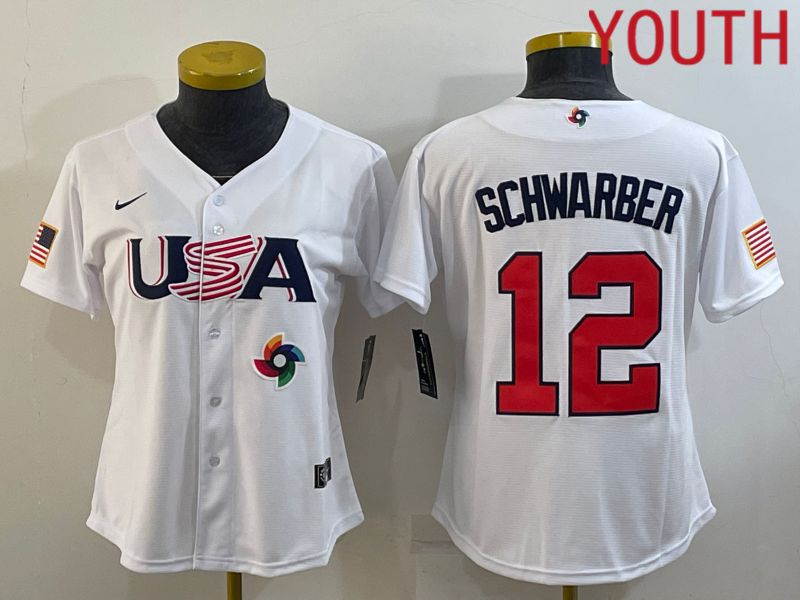 Youth 2023 World Cub USA #12 Schwarber White MLB Jersey9